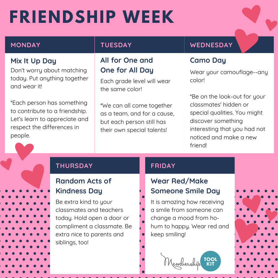 Ideas for theme days to celebrate friendship week for room parents and PTAs