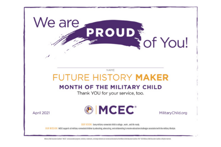 MIlitary kid certificate that can be used to clebrate Month of the Military Child. Image of the certificate.