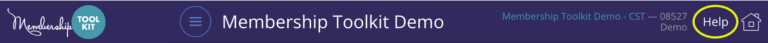 Membership Toolkit demo admin bar with help button circled in yellow